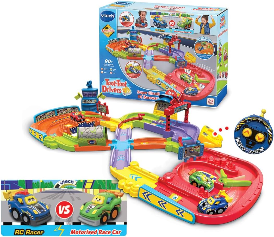 VTech Toot Toot Drivers Super Circuit RC Raceway - remote-control toddler raceway with two racers and lights and music, ages 1-5